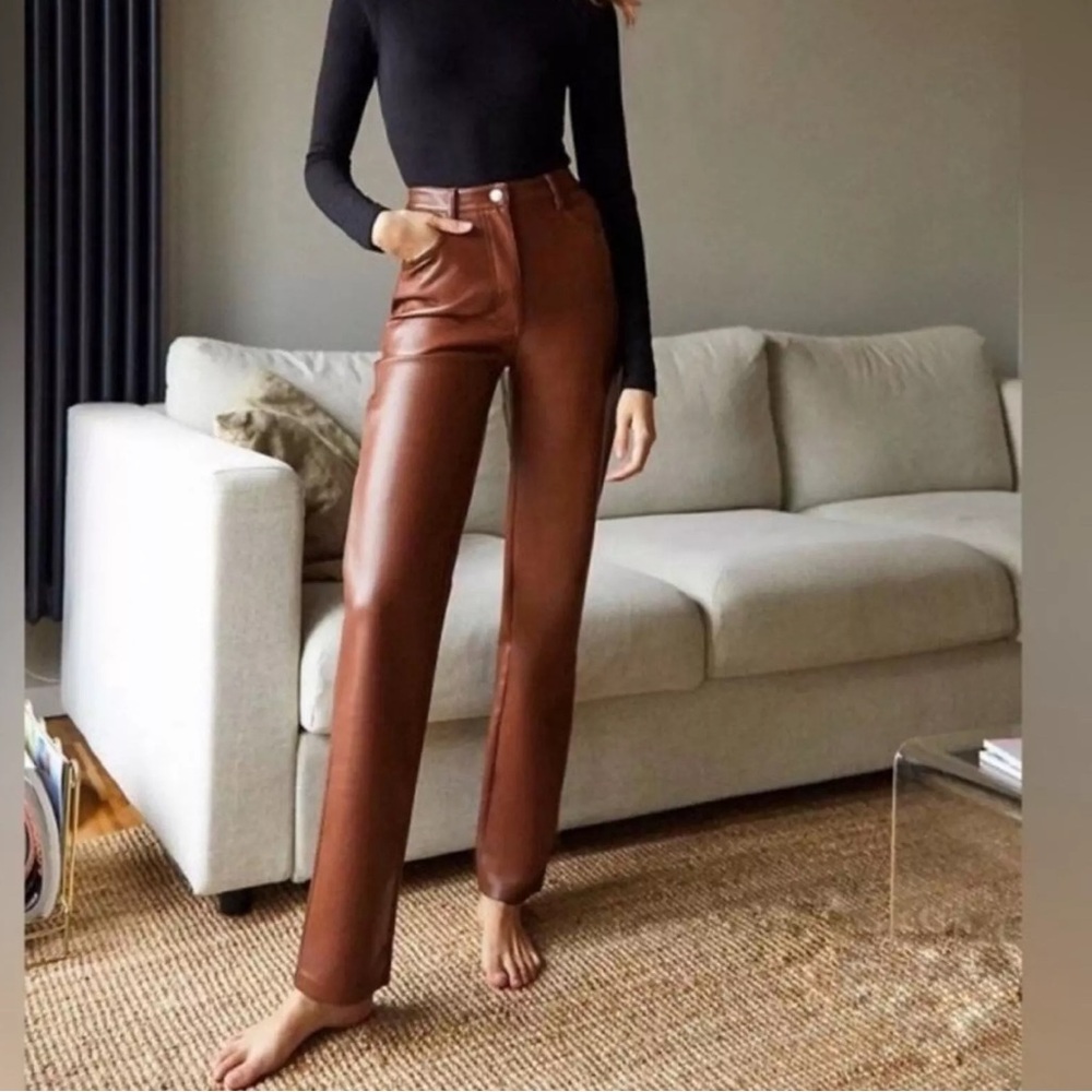 NEW Wilfred Aritzia Pants 10 Melina High Waisted Vegan Leather Brown Cognac